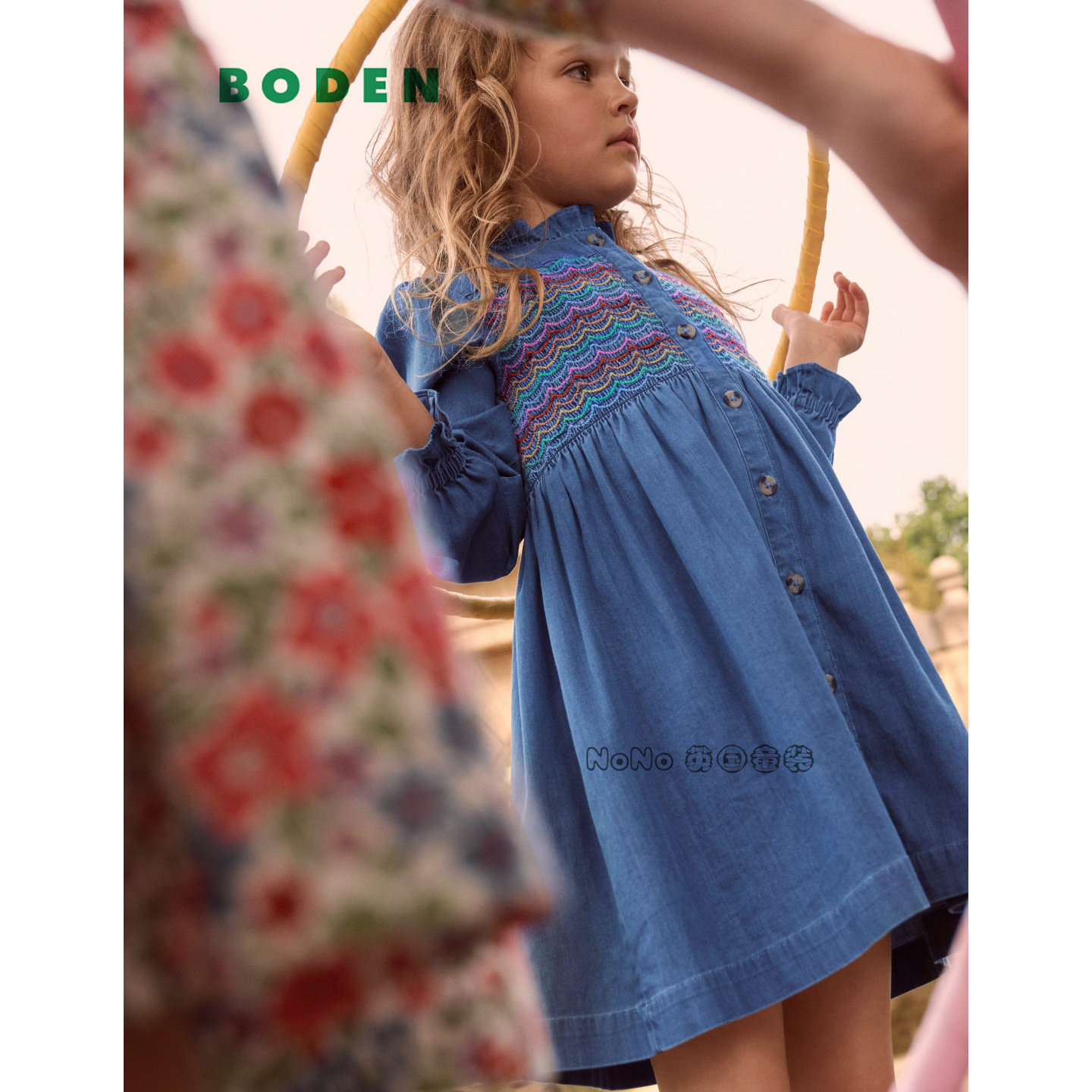 代购英国Mini Boden女童牛仔彩虹刺绣长袖连衣裙纯棉Y08-821