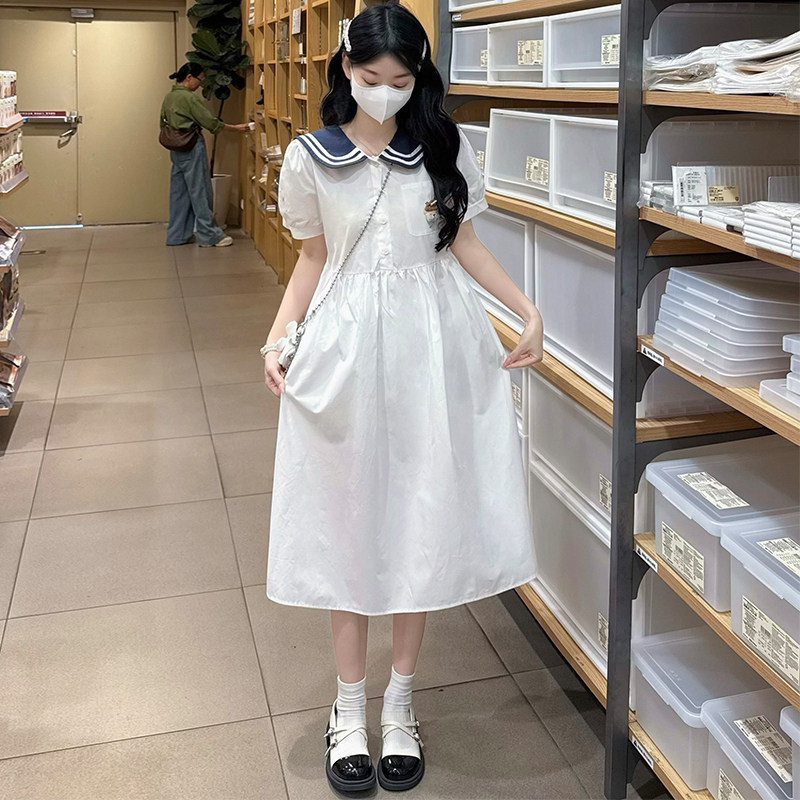 白色纯棉连衣裙少女夏季新款甜美学院风娃娃领收腰显瘦中长款裙子