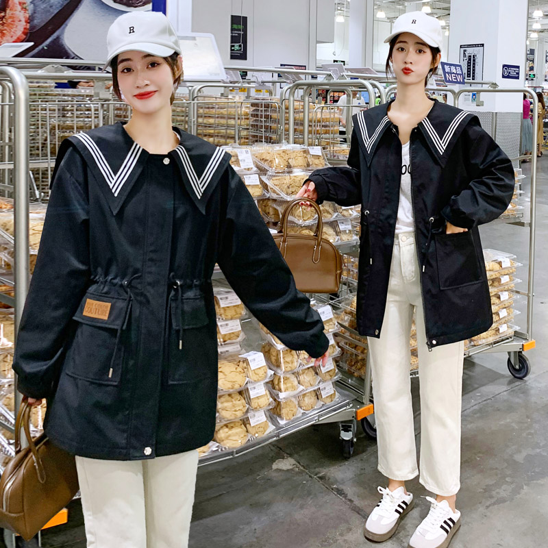 学院风娃娃领风衣外套女春秋新款中长款韩版宽松大码收腰显瘦大衣