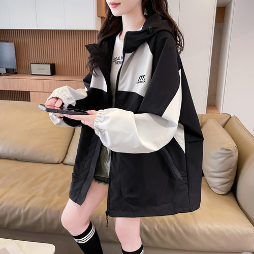 撞色连帽风衣外套女春秋款冲锋衣