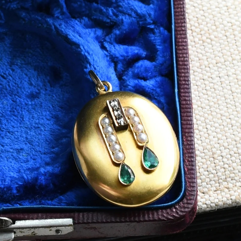 vintage古董19世纪维多利亚时期15k黄金镶嵌宝石复古风照片盒吊坠