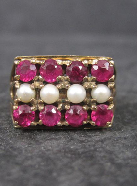 古着孤品镶嵌红宝石珍珠戒指
