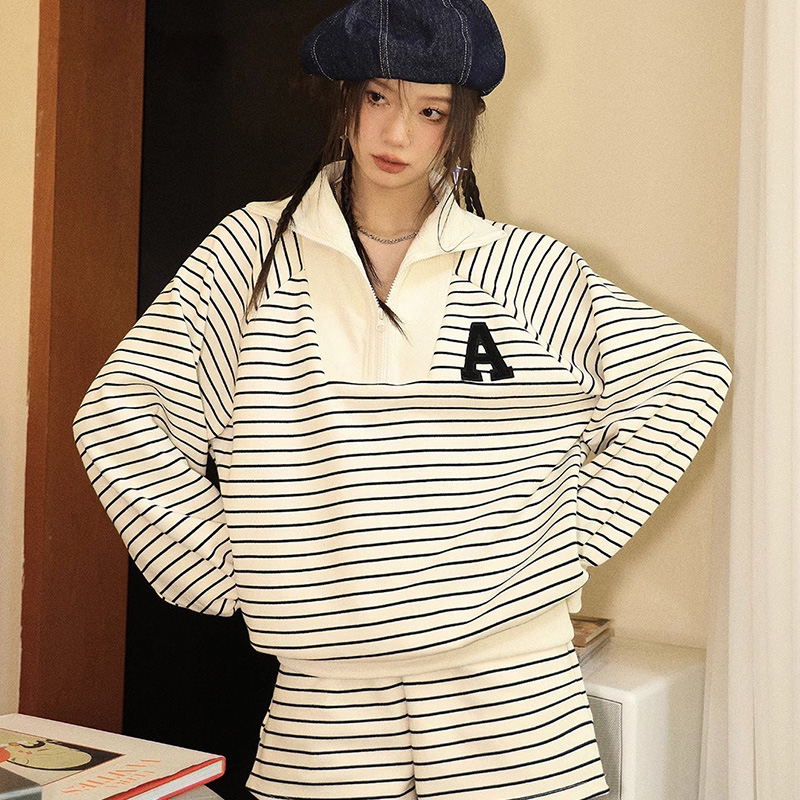 偷偷藏不住同款外套纯棉春秋条纹卫衣半拉链外套女高级