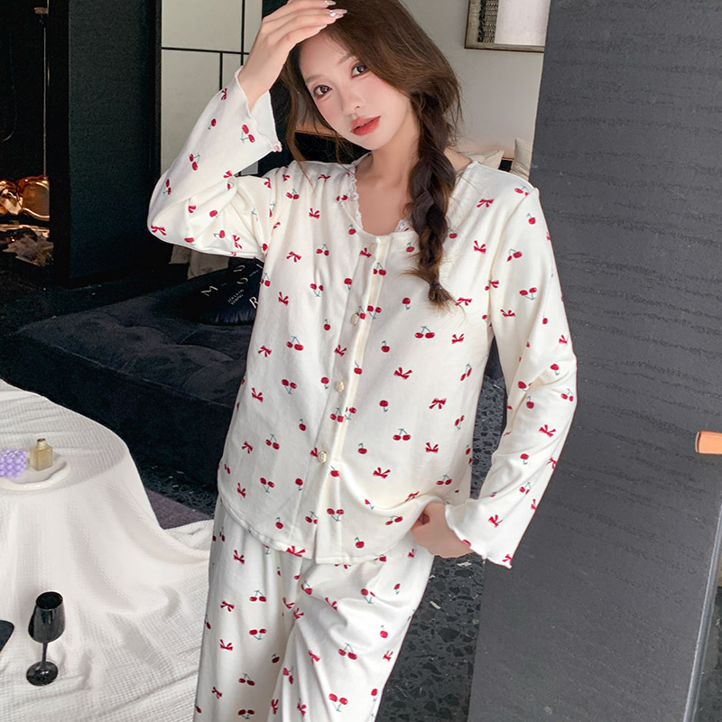 秋冬季睡衣女保暖海岛绒长袖长裤甜美风波点樱桃网红可外穿家居服