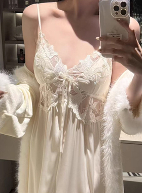 海岛绒睡衣女秋冬季新款性感纯欲风长款吊裙双面绒睡袍家居服套装