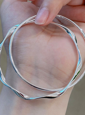 法国【设计师】CARLINE莫比乌斯纯银手镯小众双环光面扭纹足银镯