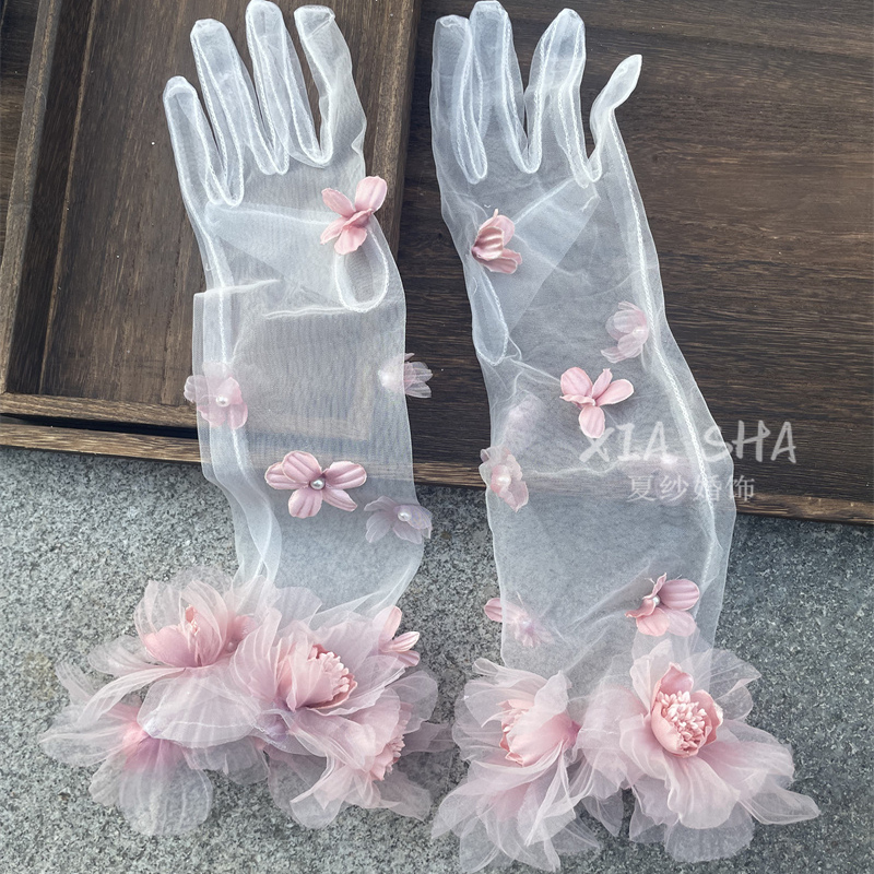 新款超仙粉婚纱拍照手套