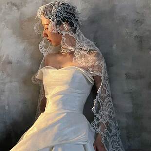 新娘复古蕾丝花边拍照透明头纱高级感旅拍影楼摄影化妆造型道具