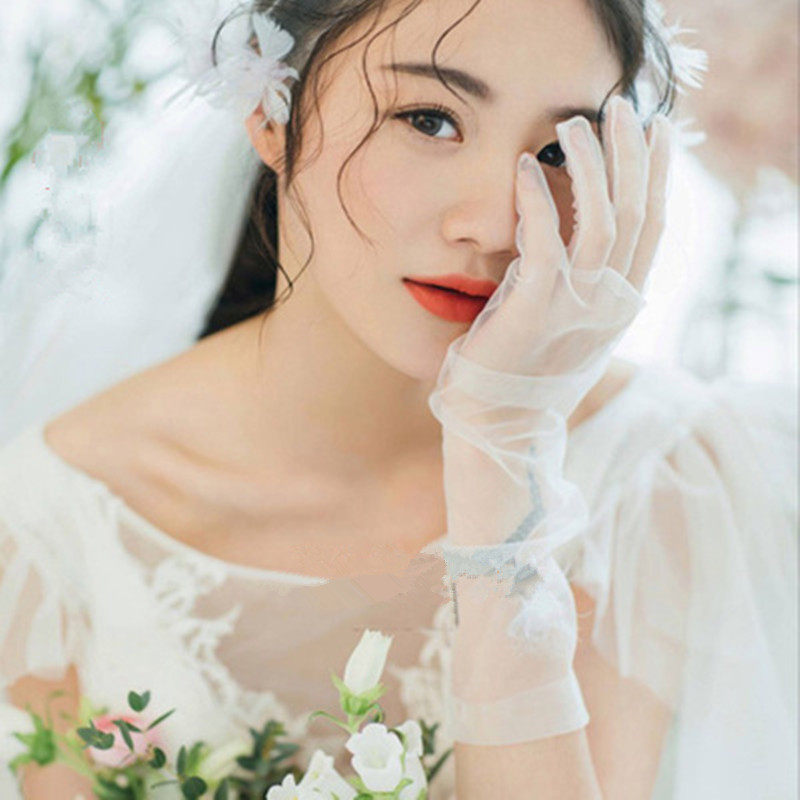 2018新款新娘婚纱蕾丝纱手套结婚薄款全指白中长款婚礼配饰