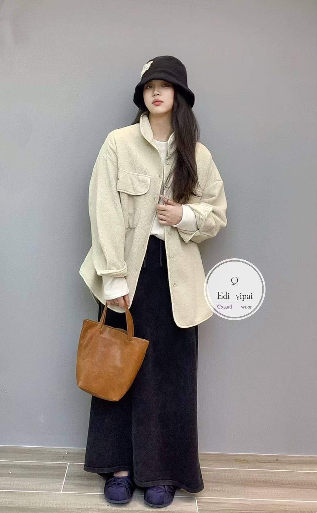 33055#冬季休闲口袋宽松棉料前短后长麻味外套加绒百搭简约女