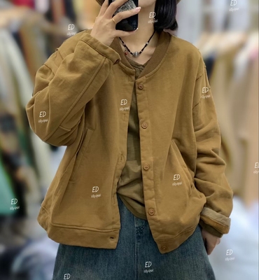 7309秋冬新款宽松显瘦纯色长袖外套上衣复古文艺加绒加厚圆领外套