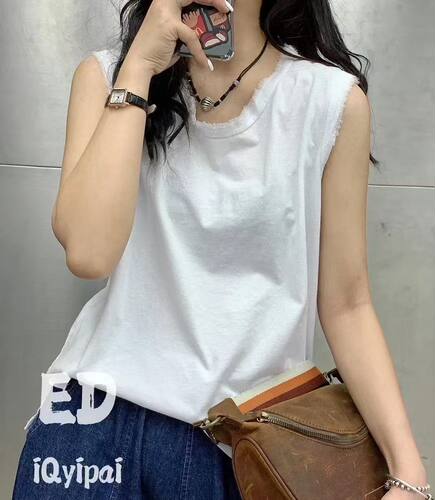 ED8147#纯棉下摆开叉毛边韩版百搭无袖短背心吊带女百搭夏季新款