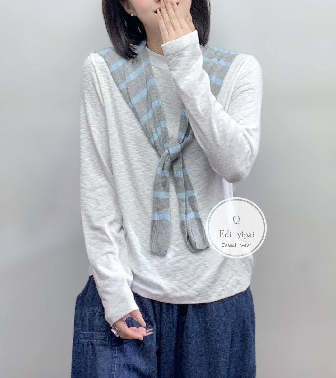 ED，88002#超大弹力棉柔软简约百搭小圆领打底衫长袖T恤女