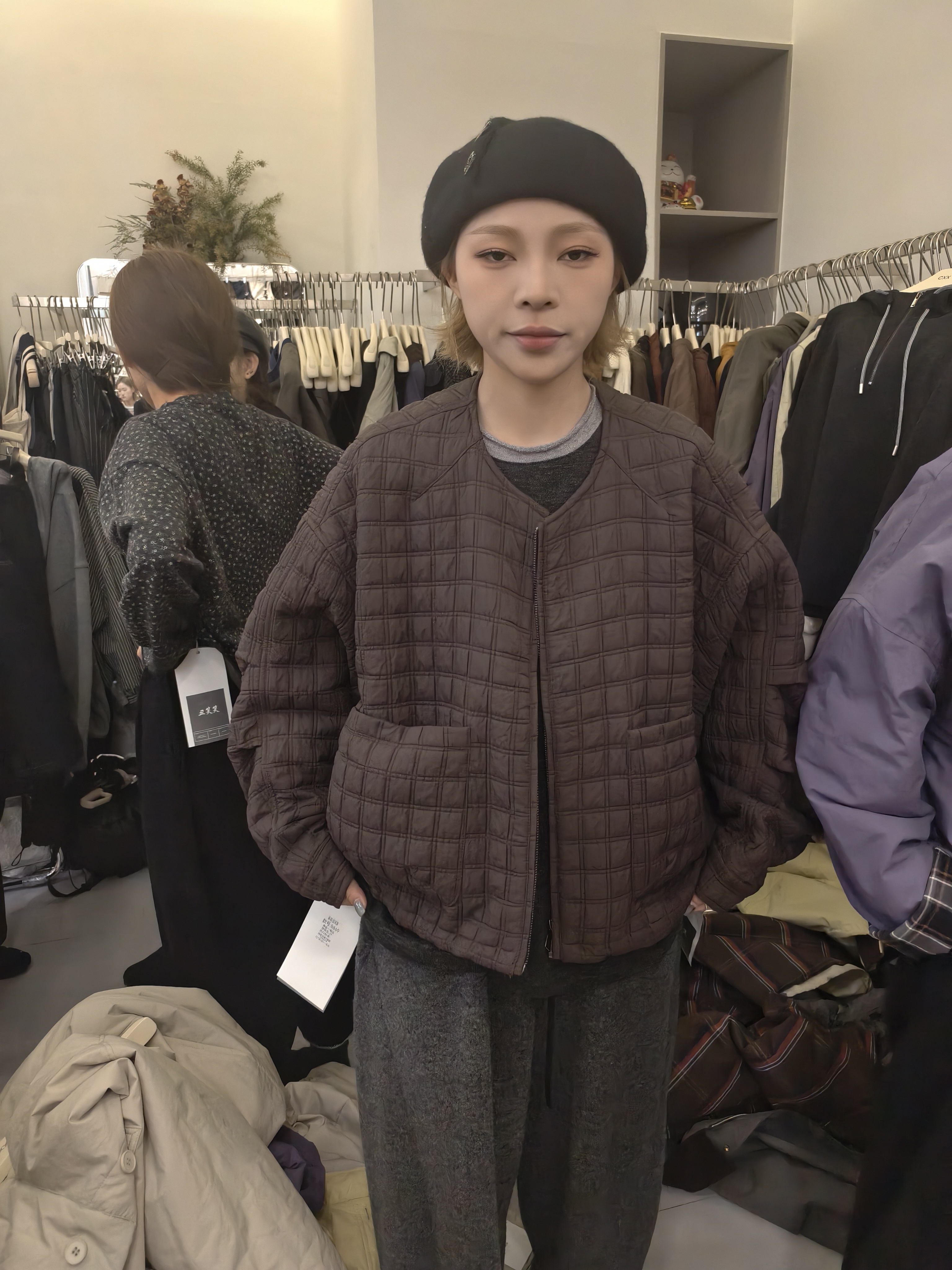 丑笑笑8869秋冬新款短款菱形格短款夹薄棉小个子短外套夹克棉服女