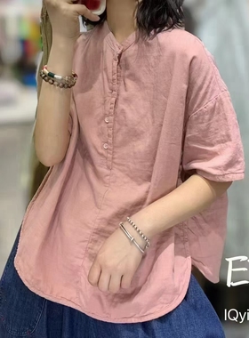 03626夏季薄款短袖衬衫女复古纯色T恤打底小衫双层棉纱上衣体恤