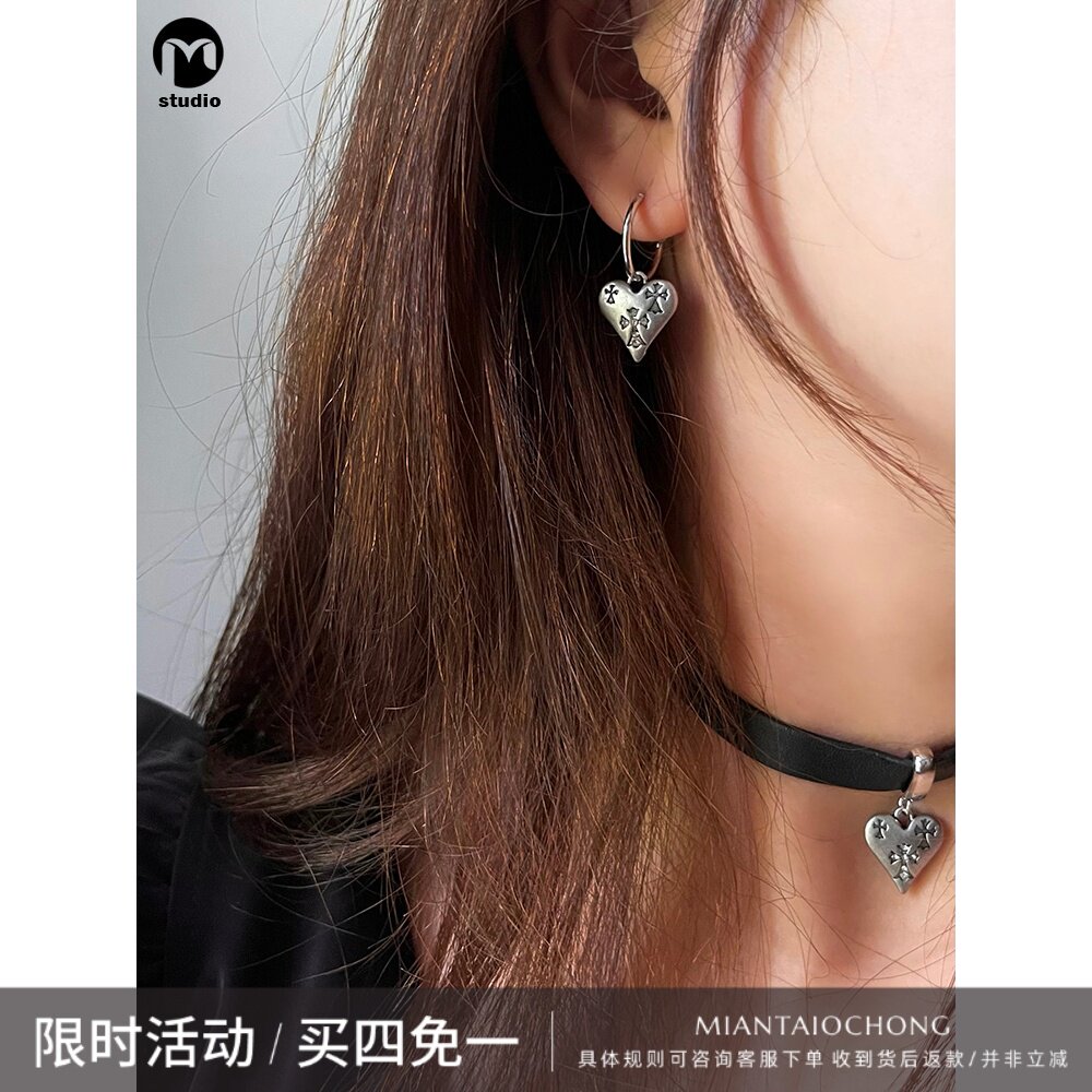 다크 크로스 가죽 로프 초커 목걸이 여성 펑크 매력 복고풍 사랑 펜던트 귀걸이 틈새 액세서리