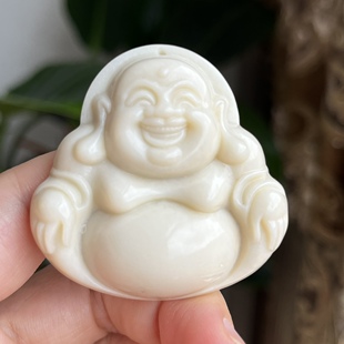 天然岫玉辽阳花玉猪油白大肚佛吊坠雪糕底佛公毛衣链可盘玩正品