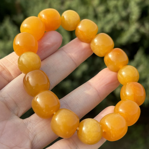 天然岫玉辽阳花玉红皮子料鸡蛋黄桶珠手链油质料蜜蜡黄鸡油黄正品