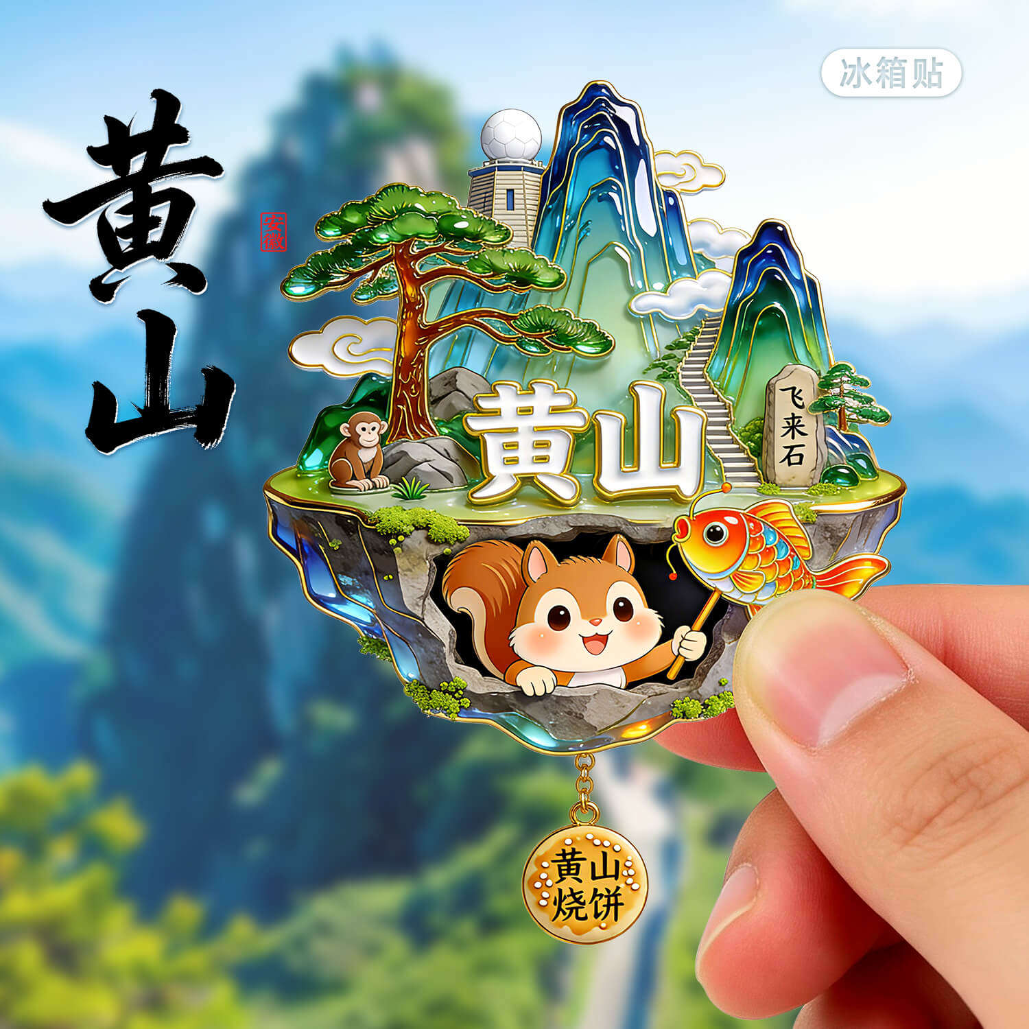 【黄山】金属文创冰箱贴迎客松飞来石纪念品安徽宏村城市旅游磁贴
