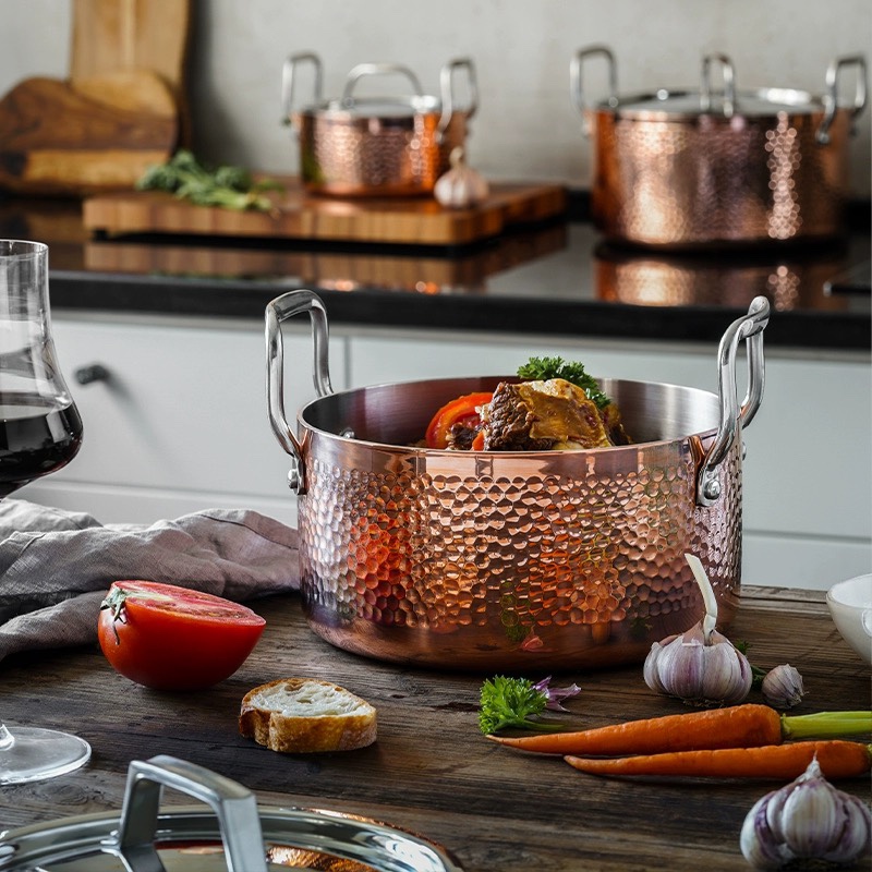 有颜有值！出口美国铜包18/10不锈钢一体成型汤锅双耳锤纹铜锅