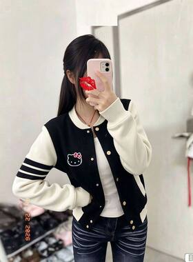 韩版拼色开衫棒球服凯蒂猫印花童