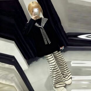 快手网红新款爆款休闲纯色长袖上衣中大童直筒条纹阔腿裤两件套女