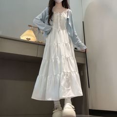 两件套装韩版温柔中大童拼接白色吊带连衣裙搭配夏季防晒针织开衫