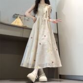 甜美风气质蝴蝶结绑带挂脖吊带连衣裙女超仙收腰显瘦中大童长裙子