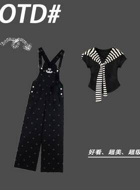 快手网红同款短袖T恤搭配黑色星星高腰背带裤子套装女夏季童装潮