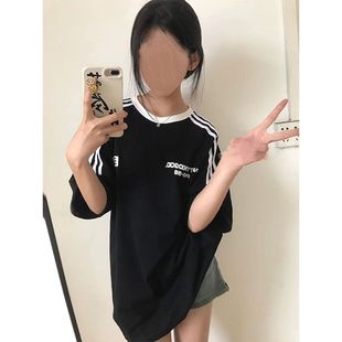 百搭运动高级显瘦上衣 新款 国潮牌拼接条纹中大童小众休闲短袖 夏季