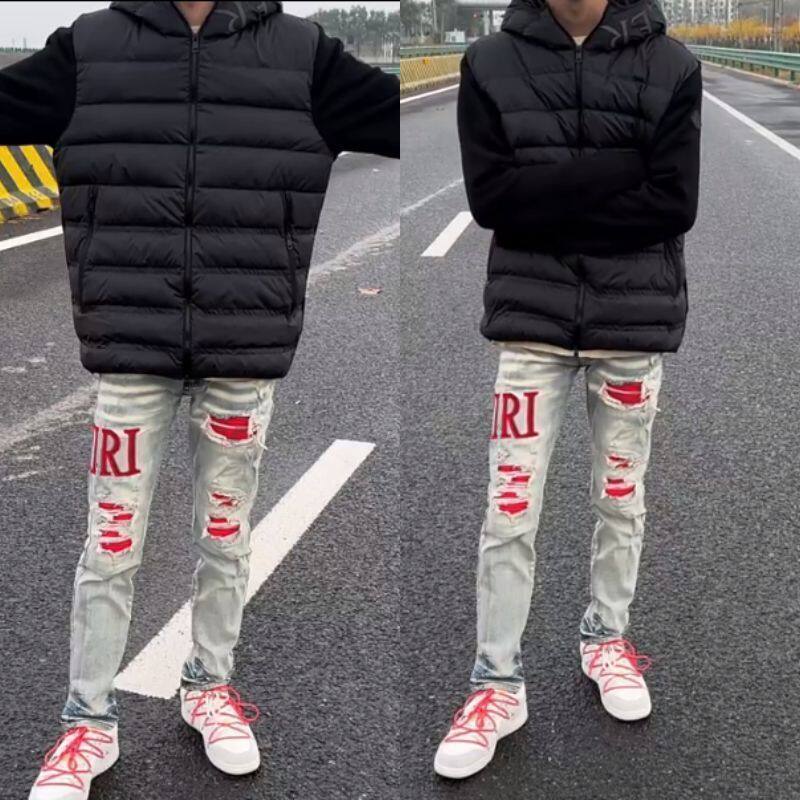 破洞贴布刺绣牛仔裤男士潮流补丁修身中大童潮牌小众个性裤子长裤
