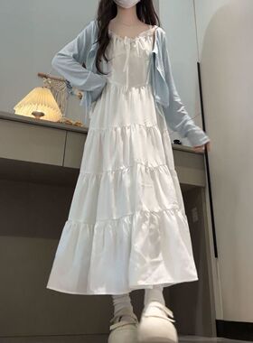 两件套装韩版温柔中大童拼接白色吊带连衣裙搭配夏季防晒针织开衫