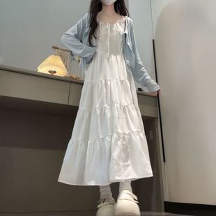 兩件套裝 溫柔中大童拼接白色吊帶連衣裙搭配夏季 防曬針織開衫 韓版