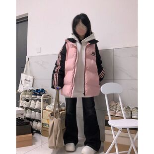 童装三条杠拼色保暖羽绒棉服女冬季小个子中大童学生加厚棉衣外套