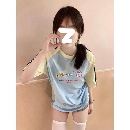 拼色短袖三条杠卡通印花童装夏季新款浅蓝色上衣t恤小学生ins女童
