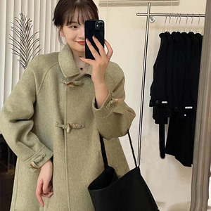 牛油果绿色双面羊绒牛角扣大衣中长款女22年冬季新款赫本羊毛外套