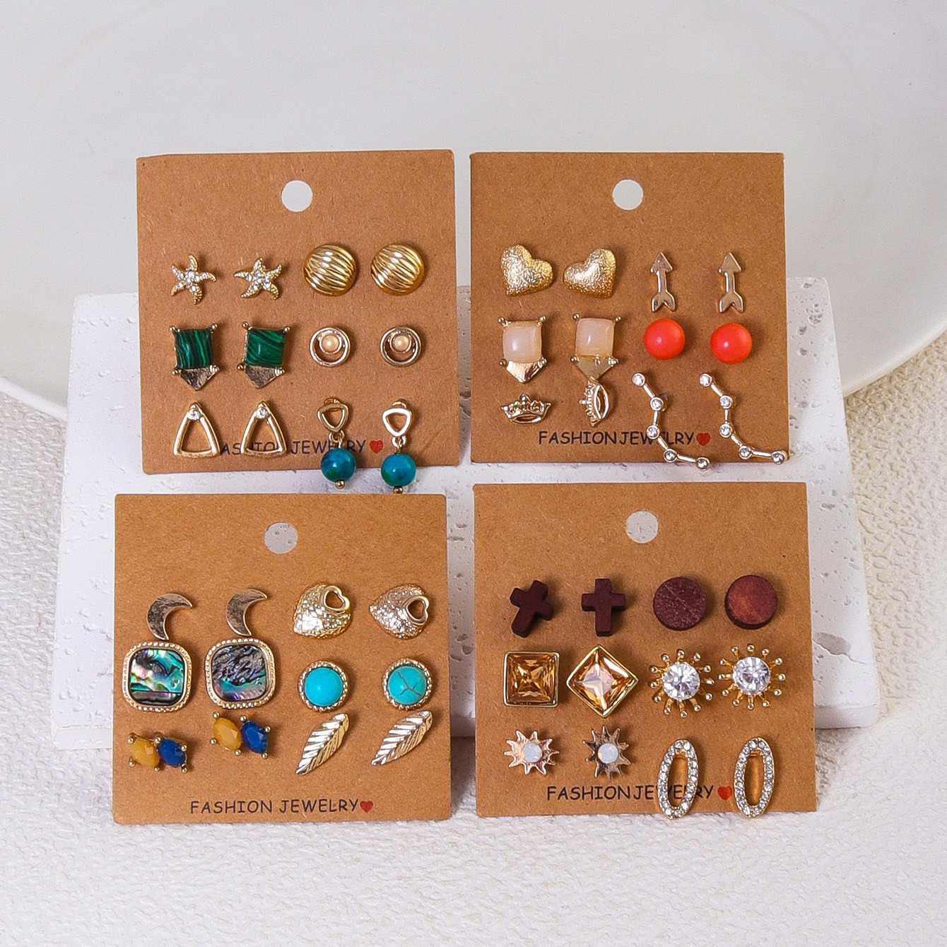 原创设计 欧美风饰品 石头合金宝石套装耳环 牛皮纸卡片耳钉女