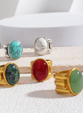 原创设计 欧美风饰品椭圆天然石时尚个性潮流戒指女