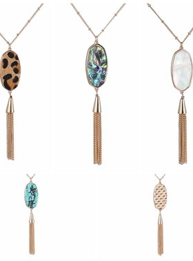 鲍鱼贝壳纸豹纹款椭圆草编项链