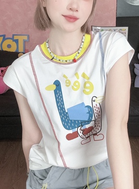 重工撞色明线嘎嘎鸭印花短袖T恤女2026夏季新款时尚百搭显瘦上衣