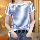 新款 潮牌撞色条纹字母刺绣短袖 T恤女2026夏季 百搭休闲上衣减龄ins
