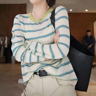 韩系休闲百搭薄款 女2026早春新款 上衣 针织衫 高级感肌理感条纹长袖