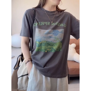 新款 T恤女2025夏季 百搭通勤上衣 字母油画印花圆领短袖 设计感时尚