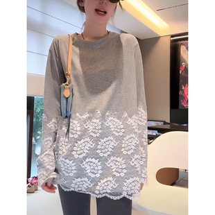 时尚 小众设计感蕾丝拼接中长款 新款 T恤女2026春季 休闲上衣ins 长袖