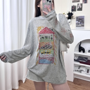 天丝休闲防晒衫 百搭薄款 T恤女2025夏季 手绘涂鸦房子印花圆领长袖