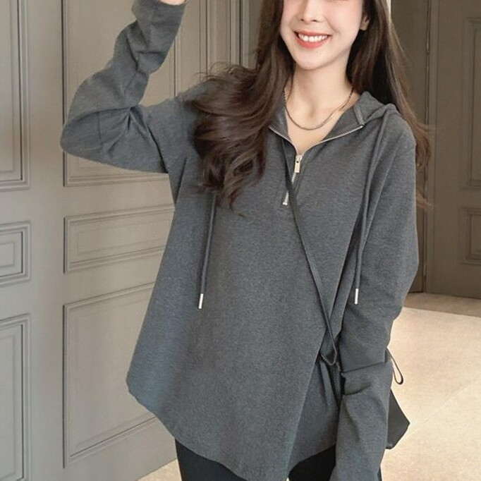 加厚半拉链帽衫女春秋季新款小众设计感中长款宽松百搭女上衣潮