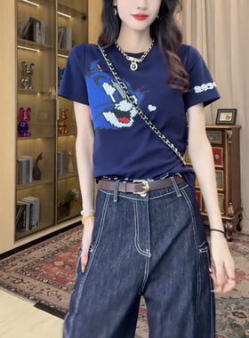 潮牌汤姆猫植绒发泡印花短袖T恤女2025夏季新款百搭显瘦正肩上衣