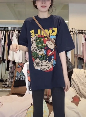 2025夏季新款欧货大力水手卡通印花中长款短袖T恤女宽松百搭上衣