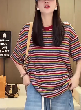 彩虹条纹中长款短袖T恤女2026夏季新款潮牌休闲宽松百搭半袖上衣