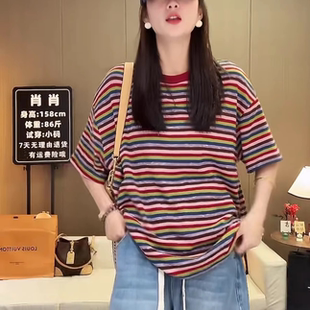 潮牌休闲宽松百搭半袖 彩虹条纹中长款 新款 T恤女2026夏季 上衣 短袖